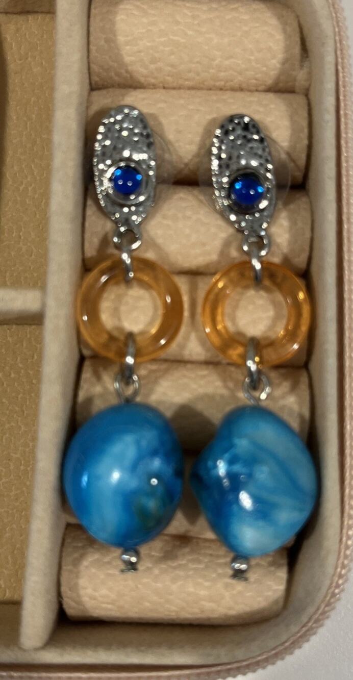 Chico’s Turquoise, Pale Orange, Silvertone Earrings, NWOT